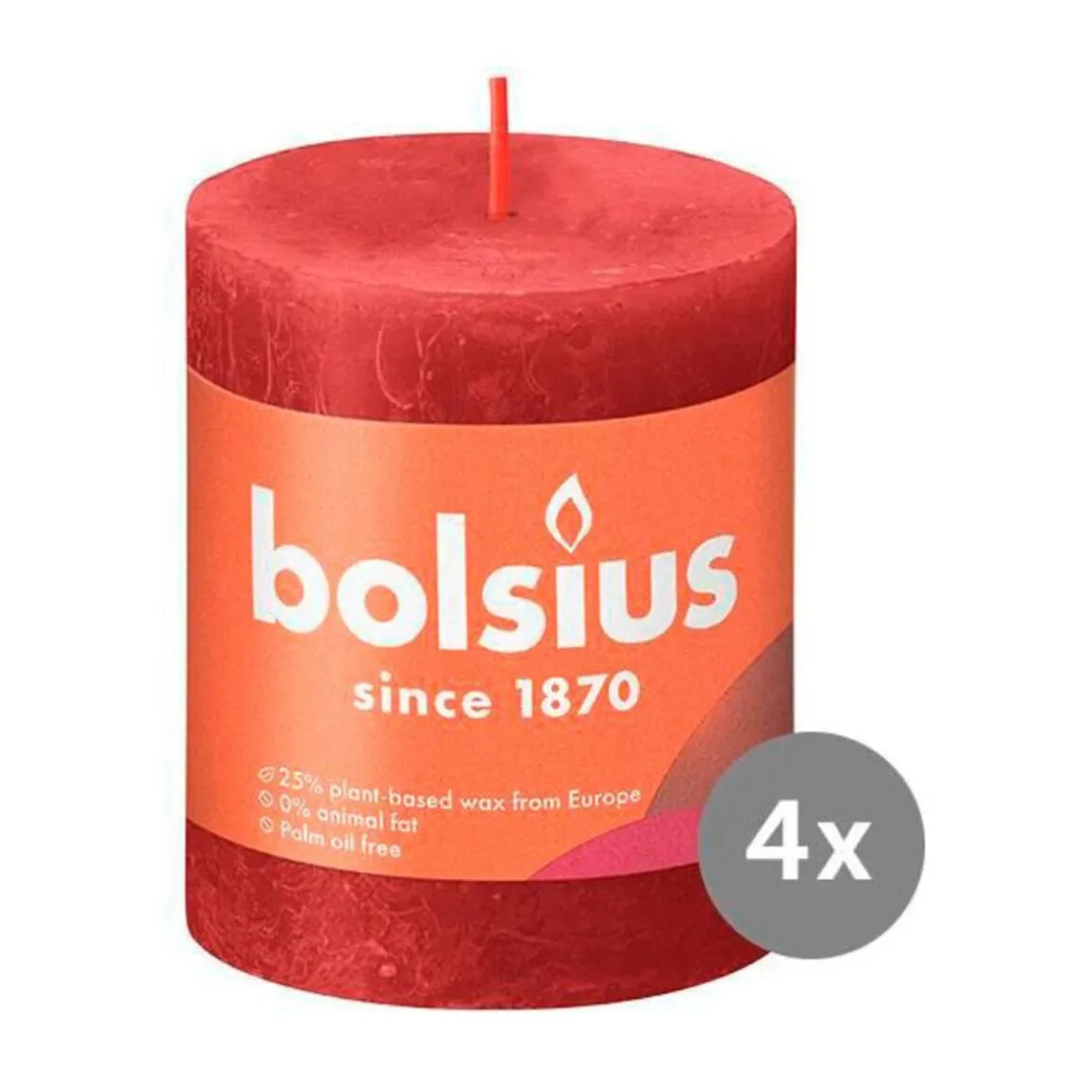 Bolsius4er Pack Stumpenkerze 80/68 Rustik Shine zartes rot 41